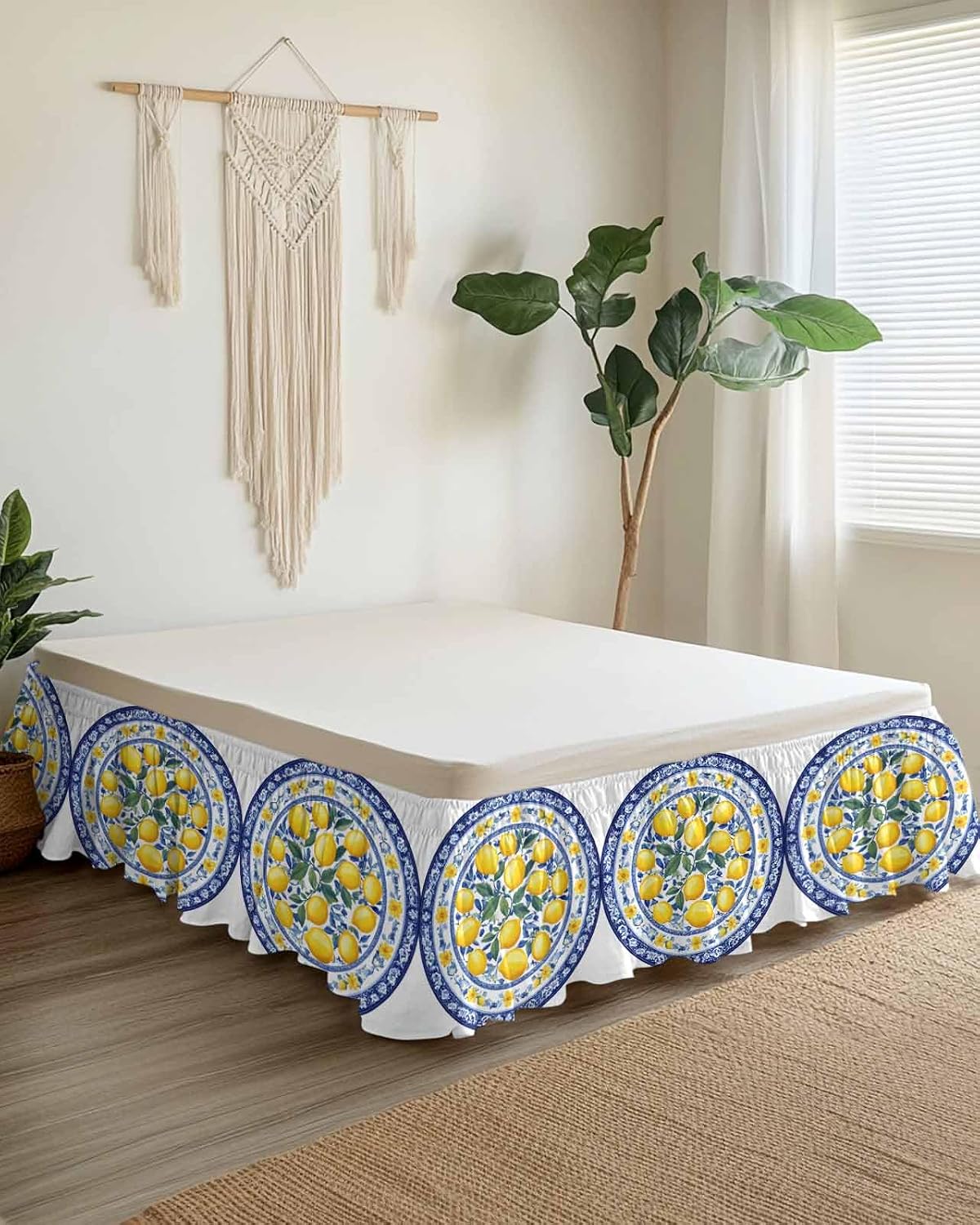 Bed Skirt Yellow Lemons Navy Blue Floral Texture Ruffle Bed Skirt Wrap Around Bed Skirts for Queen Beds 16" Drop,Adjustable Elastic Dust Ruffles Easy Fit and Wrinkle-Free