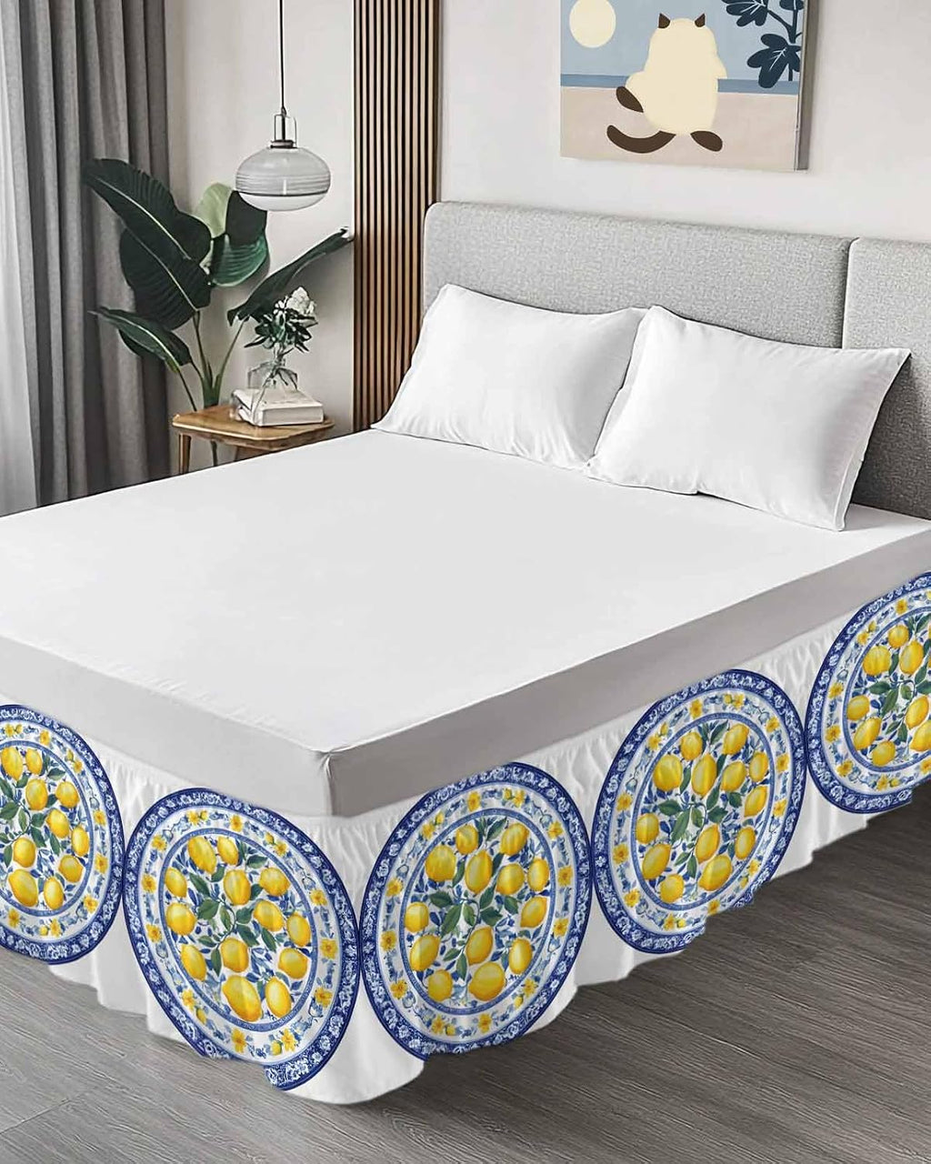 Bed Skirt Yellow Lemons Navy Blue Floral Texture Ruffle Bed Skirt Wrap Around Bed Skirts for Queen Beds 16" Drop,Adjustable Elastic Dust Ruffles Easy Fit and Wrinkle-Free