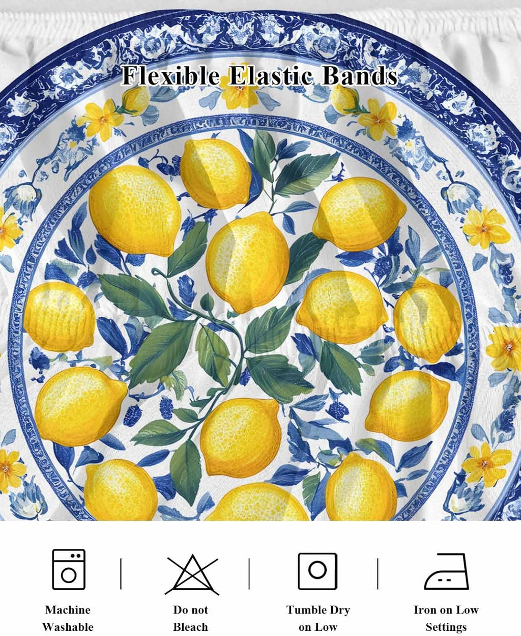 Bed Skirt Yellow Lemons Navy Blue Floral Texture Ruffle Bed Skirt Wrap Around Bed Skirts for Queen Beds 16" Drop,Adjustable Elastic Dust Ruffles Easy Fit and Wrinkle-Free
