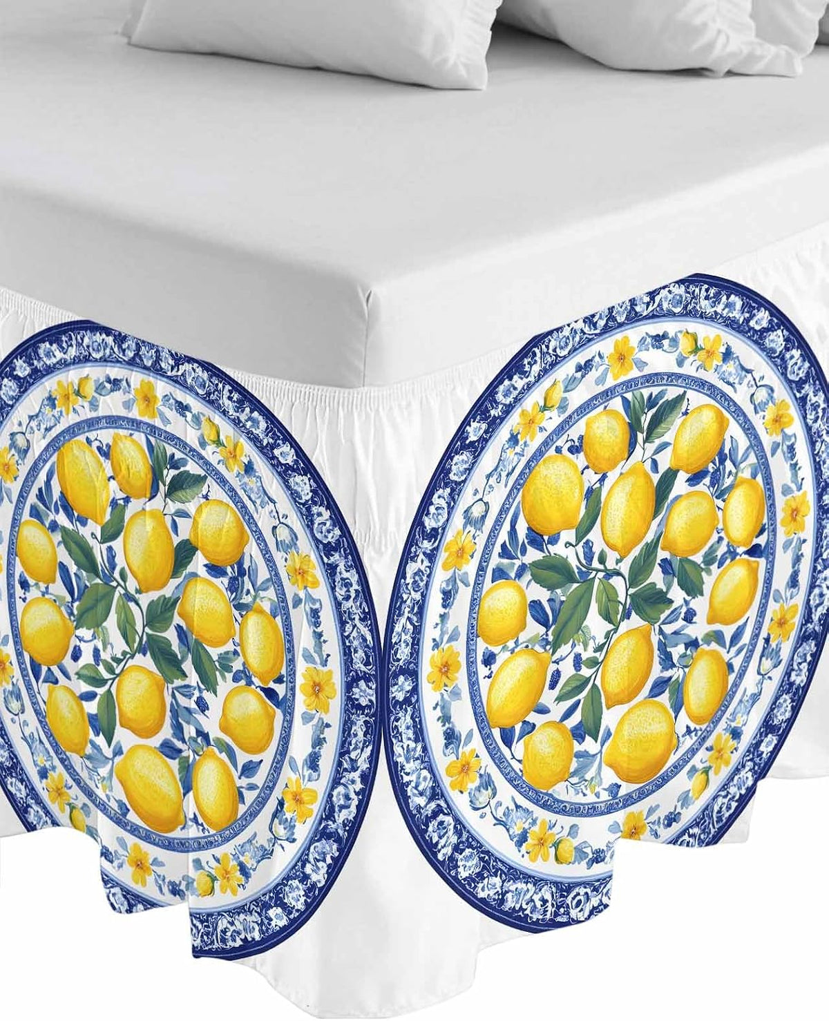 Bed Skirt Yellow Lemons Navy Blue Floral Texture Ruffle Bed Skirt Wrap Around Bed Skirts for Queen Beds 16" Drop,Adjustable Elastic Dust Ruffles Easy Fit and Wrinkle-Free