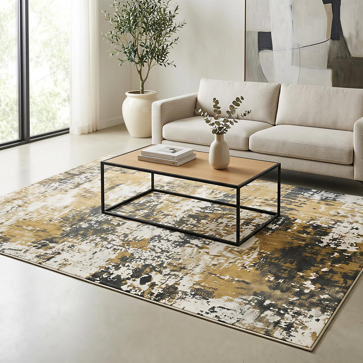 Yellow and Grey Area Rug 5x7, Contemporary Abstract Rugs Washable Non Slip Distressed Modern Carpet for Living Room Bedroom