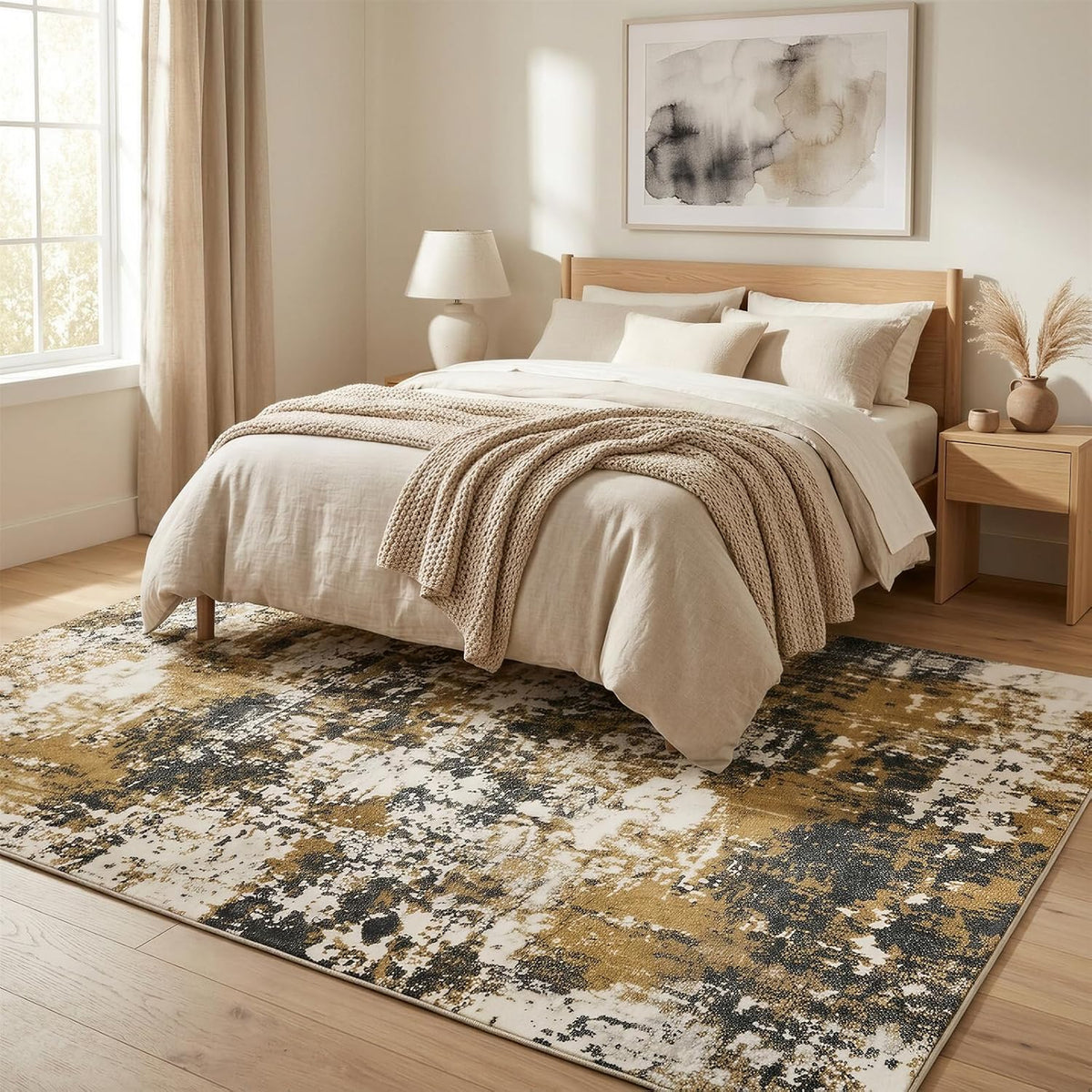 Yellow and Grey Area Rug 5x7, Contemporary Abstract Rugs Washable Non Slip Distressed Modern Carpet for Living Room Bedroom