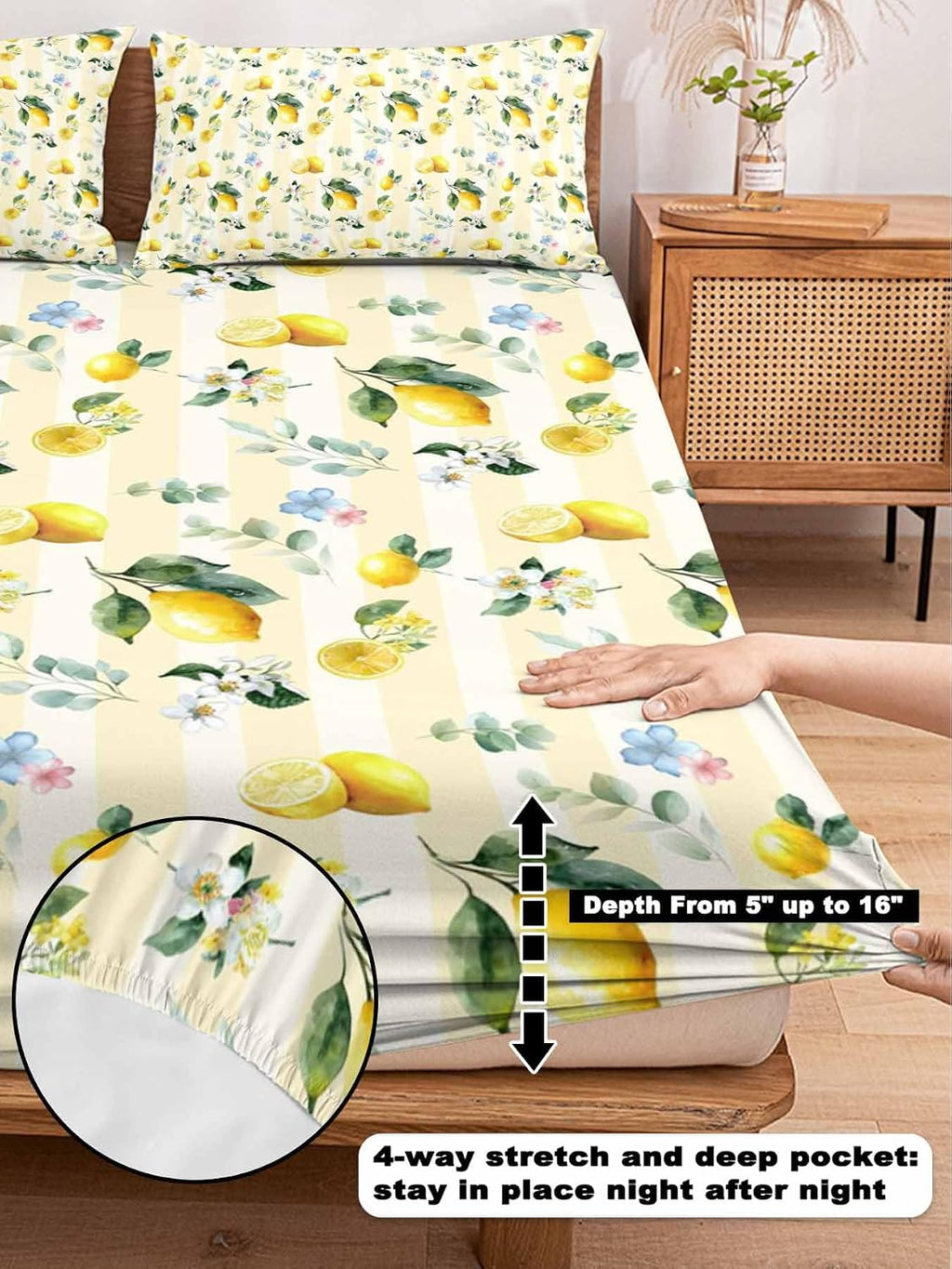 3 Pieces Twin Fitted Sheet Set, Summer Lemon Leaves Flower Deep Pocket Up to 16", Watercolor Yellow Stripes Soft Elastic Bed Sheets and Pillow Cases Secure Fit
