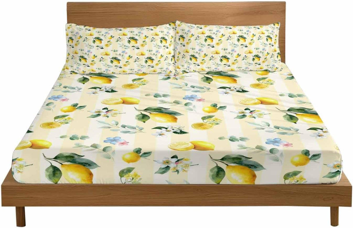 3 Pieces Twin Fitted Sheet Set, Summer Lemon Leaves Flower Deep Pocket Up to 16", Watercolor Yellow Stripes Soft Elastic Bed Sheets and Pillow Cases Secure Fit