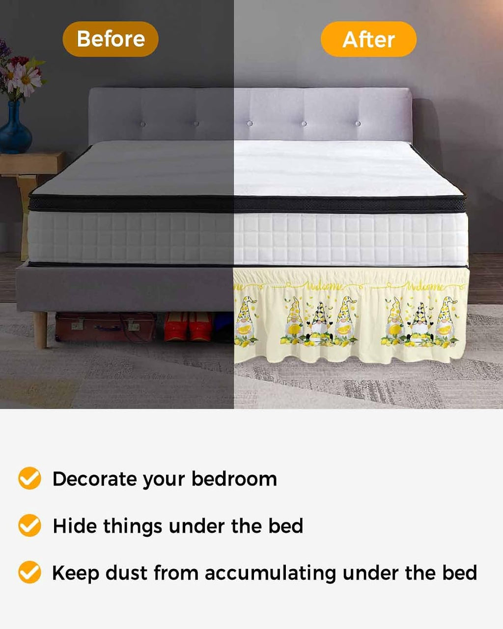 Lemon Gnomes Bed Skirt Queen Size 16 Inch Drop, Adjustable Elastic Wrap Around Bed Skirts Easy Fitting Dust Ruffle Bedskirt Bed Frame Cover Yellow Summer Botanical Fruit Leaves