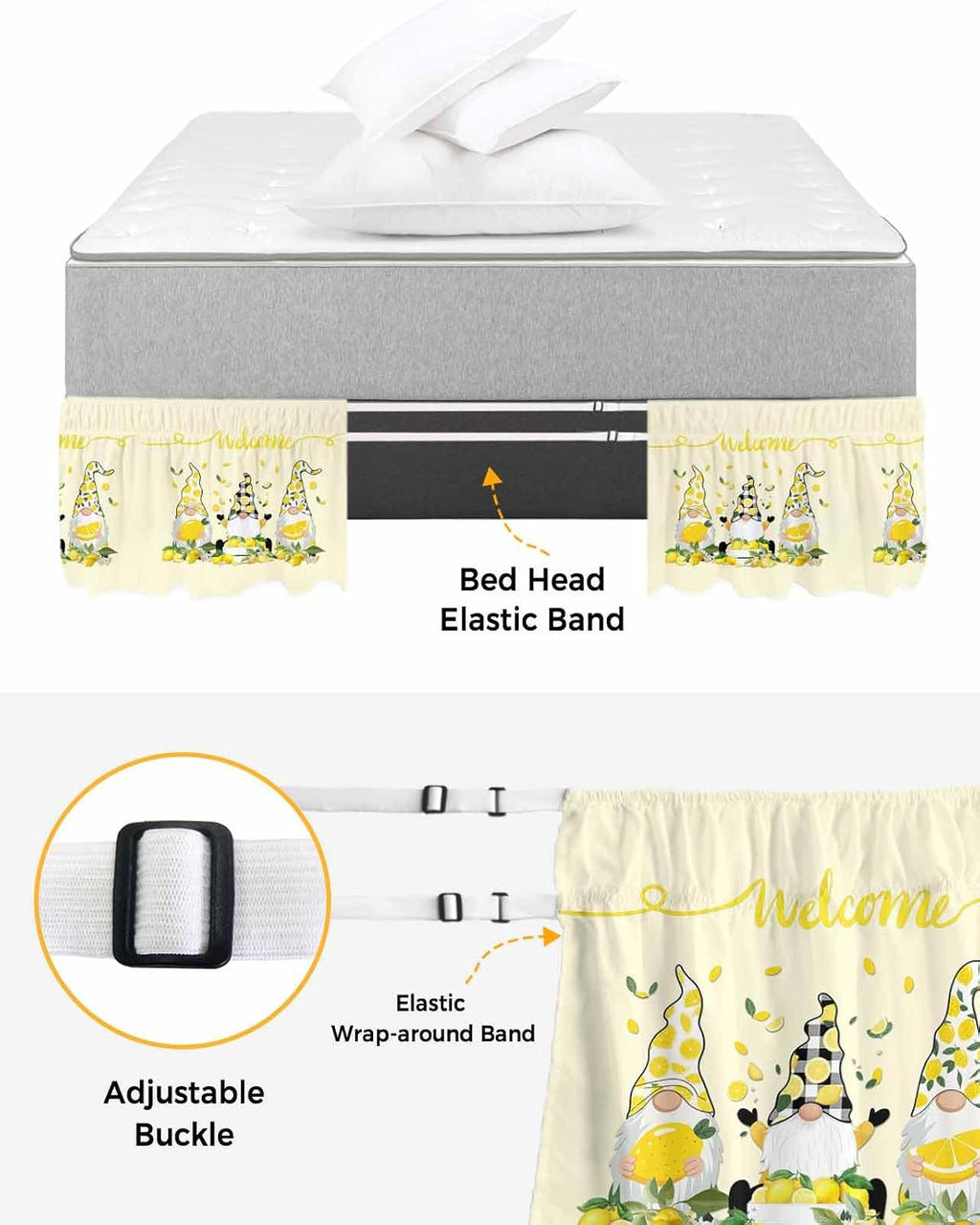 Lemon Gnomes Bed Skirt Queen Size 16 Inch Drop, Adjustable Elastic Wrap Around Bed Skirts Easy Fitting Dust Ruffle Bedskirt Bed Frame Cover Yellow Summer Botanical Fruit Leaves