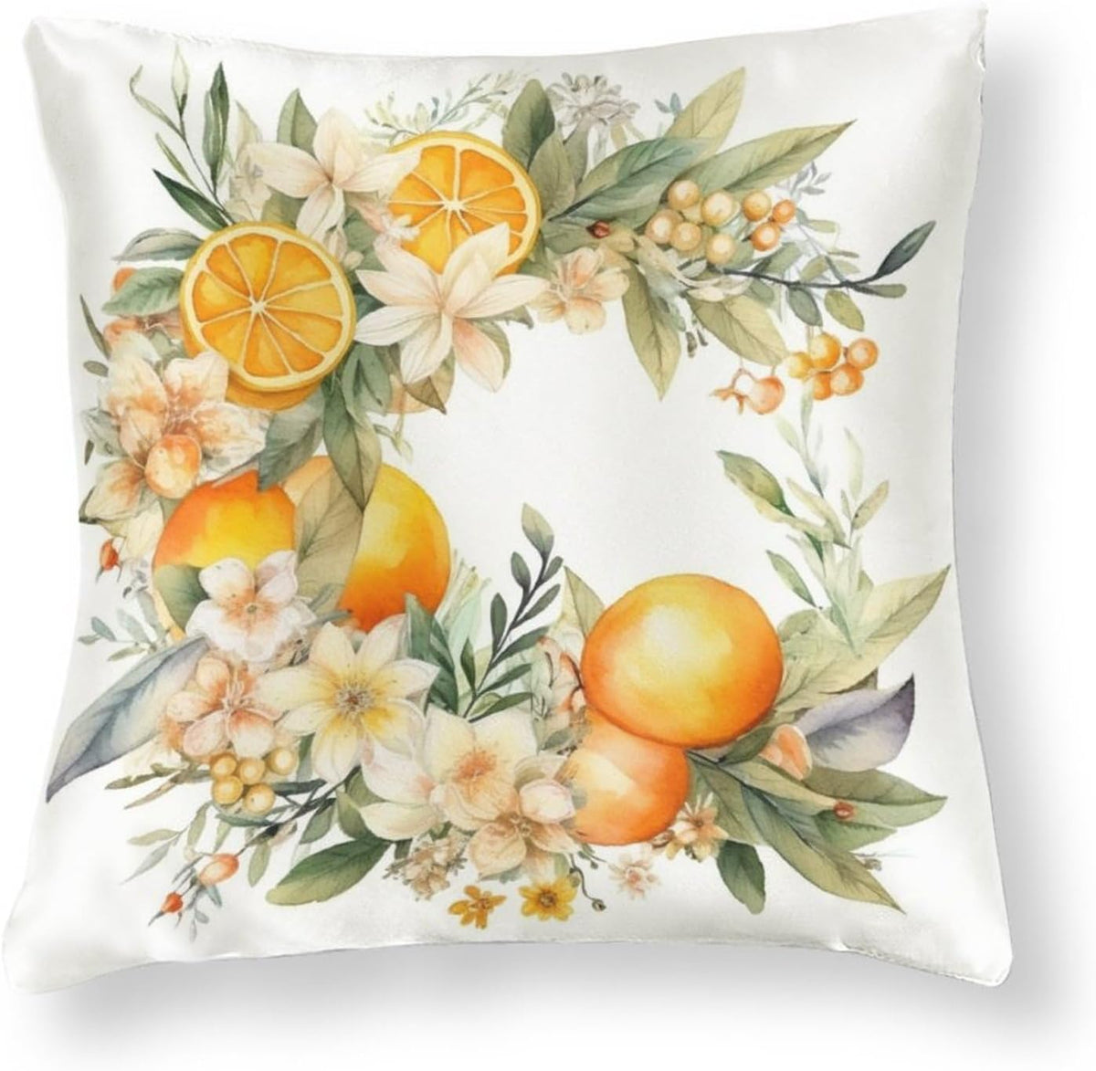 Satin Throw Pillow Covers Lemon Daisies Wreath Decorative Pillowcase Yellow Sweet Lemon Outdoor Pillow Cover Zippered for Farmhouse Decor Room Bedroom Sofa Chair Car 16"x16"