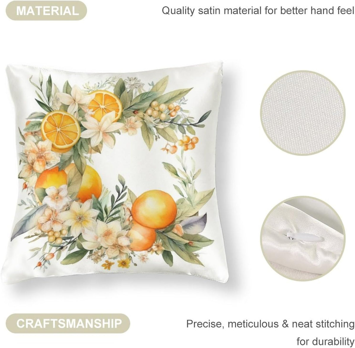 Satin Throw Pillow Covers Lemon Daisies Wreath Decorative Pillowcase Yellow Sweet Lemon Outdoor Pillow Cover Zippered for Farmhouse Decor Room Bedroom Sofa Chair Car 16"x16"