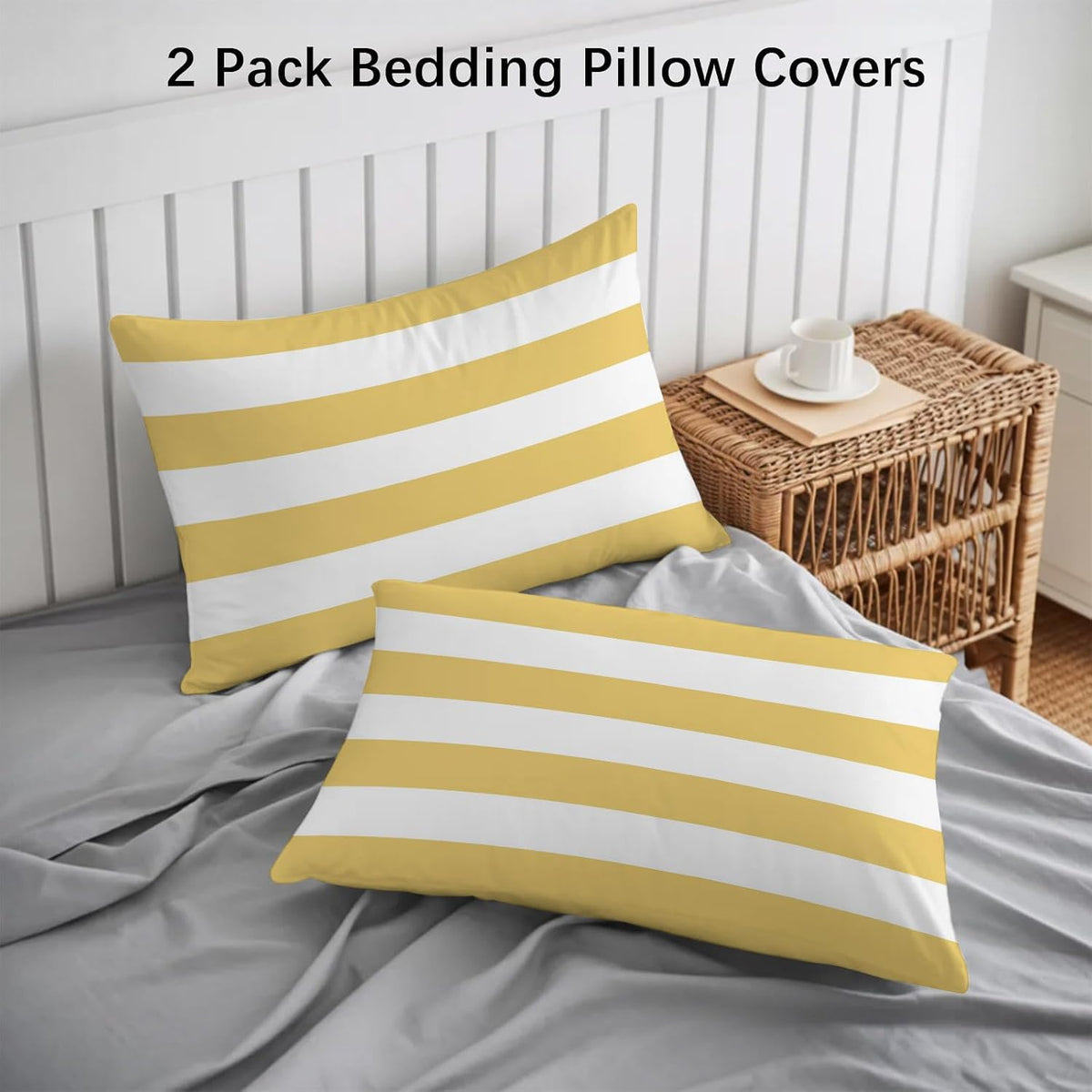 Lemon Yellow Striped Pillow Cases Standard Size Set of 2 - Microfiber Bed Throw Pillow Covers, Modern Yellow Stripes Farmhouse Decorative Lumbar Pillow Cover with Envelope Closure for Sofa 20"x26"