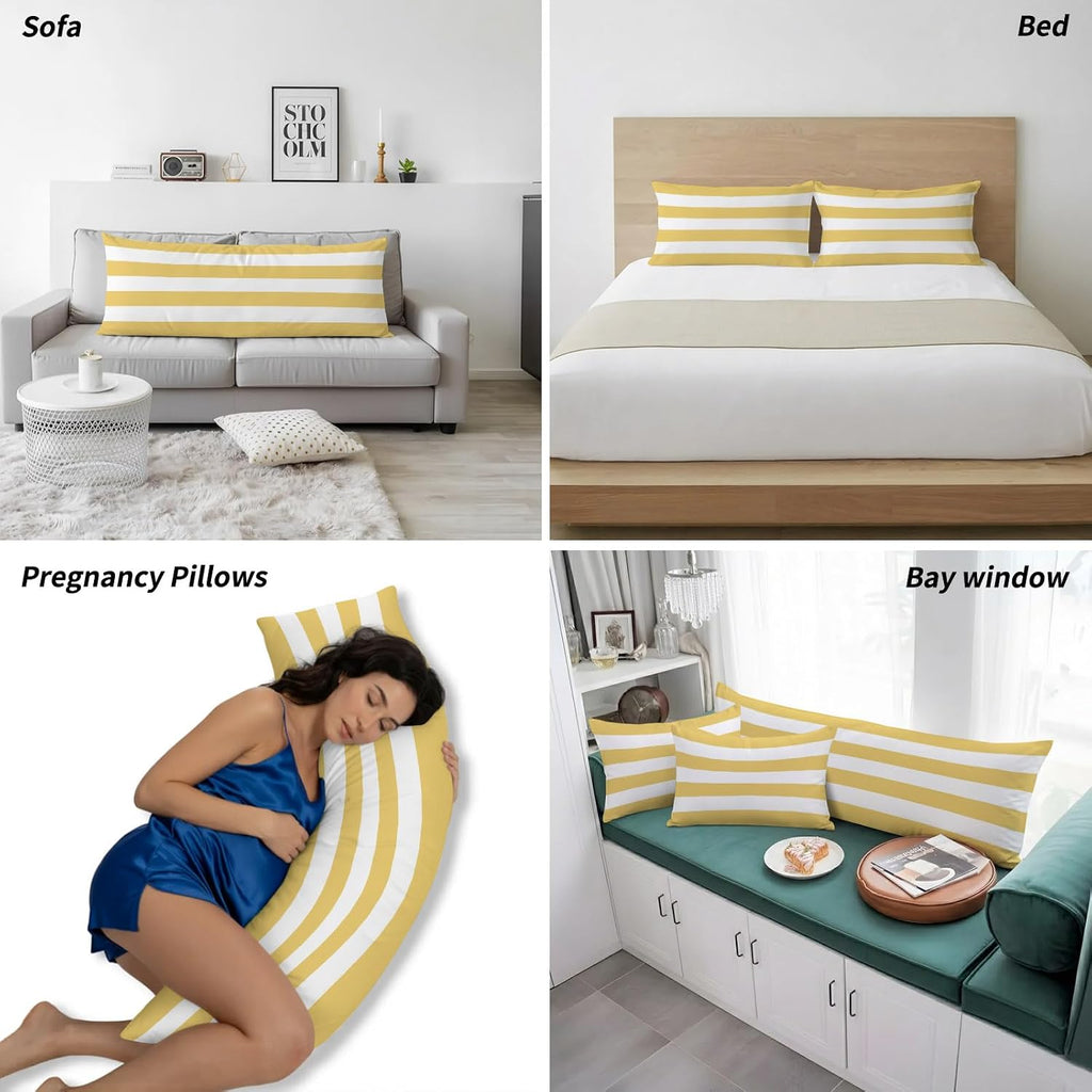 Lemon Yellow Striped Pillow Cases Standard Size Set of 2 - Microfiber Bed Throw Pillow Covers, Modern Yellow Stripes Farmhouse Decorative Lumbar Pillow Cover with Envelope Closure for Sofa 20"x26"