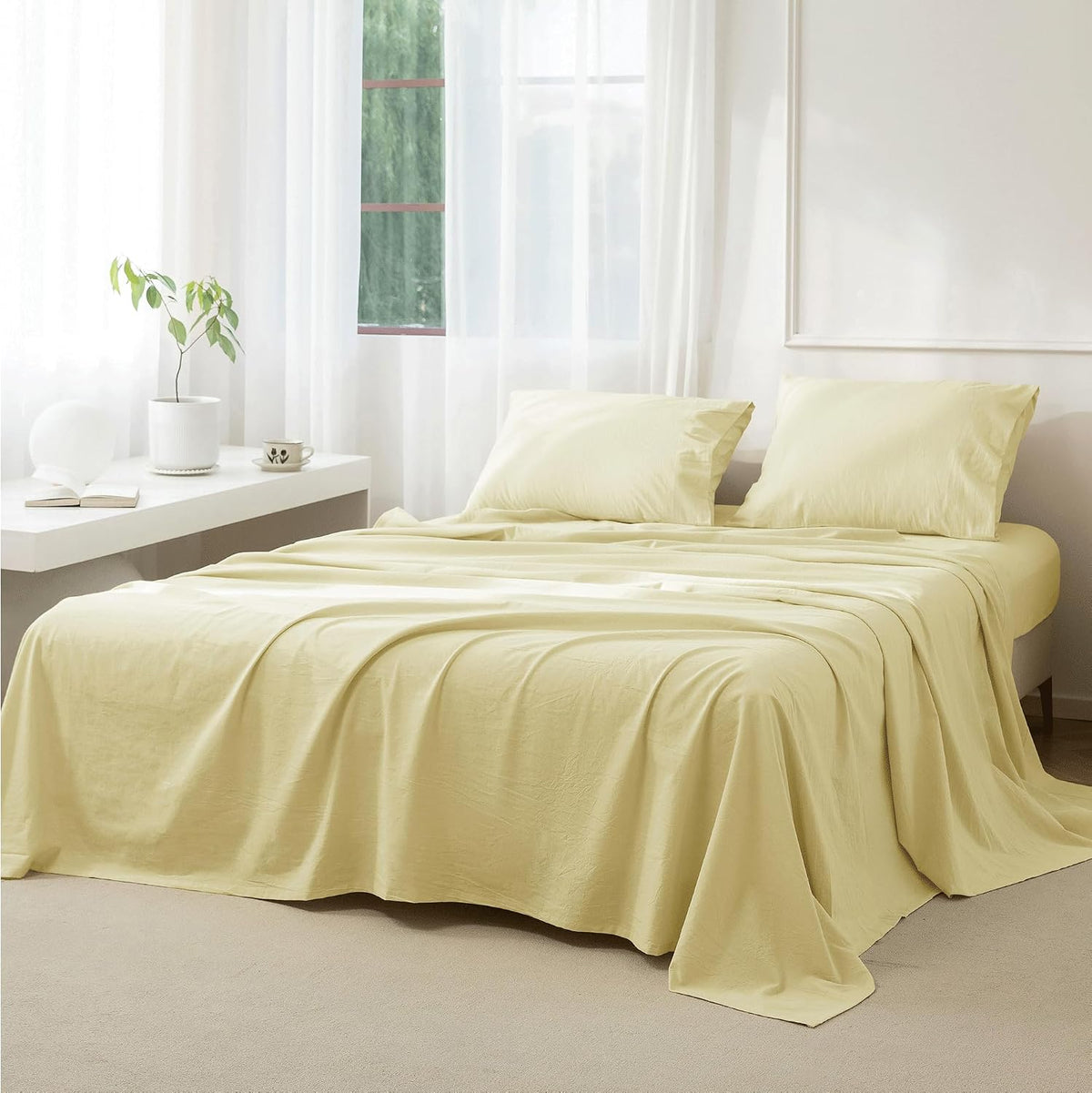 JIYUAN Twin Washed Cotton Sheet Set, 3-Piece, Relaxed Linen Feel