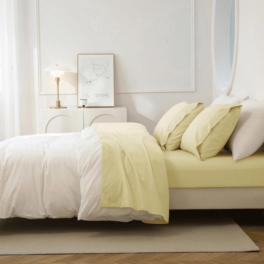 JIYUAN Twin Washed Cotton Sheet Set, 3-Piece, Relaxed Linen Feel
