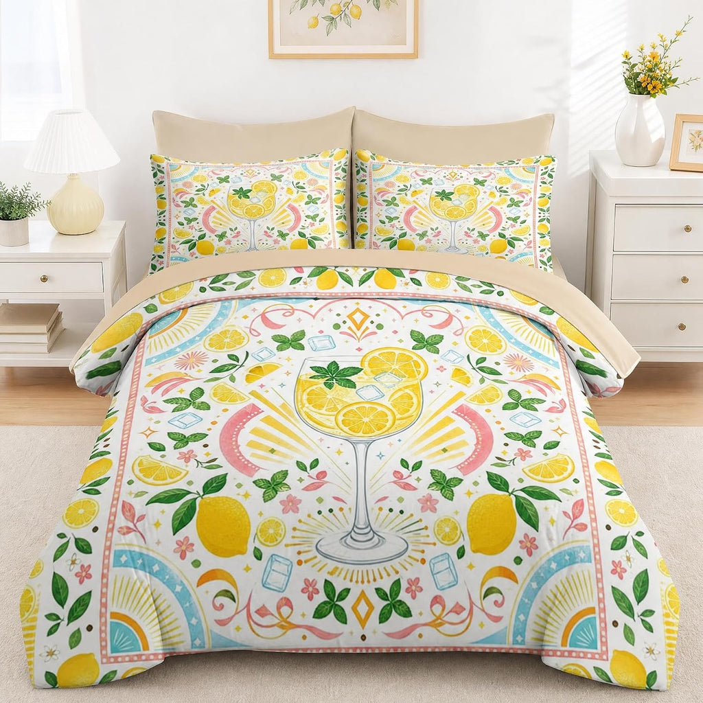 Queen Comforter Set, 7 Pieces Lemon Summer Bedding Set