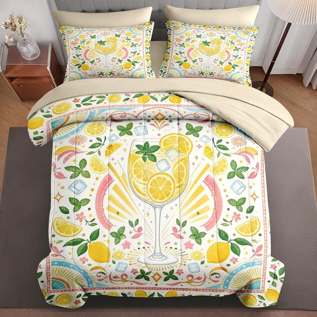 Queen Comforter Set, 7 Pieces Lemon Summer Bedding Set