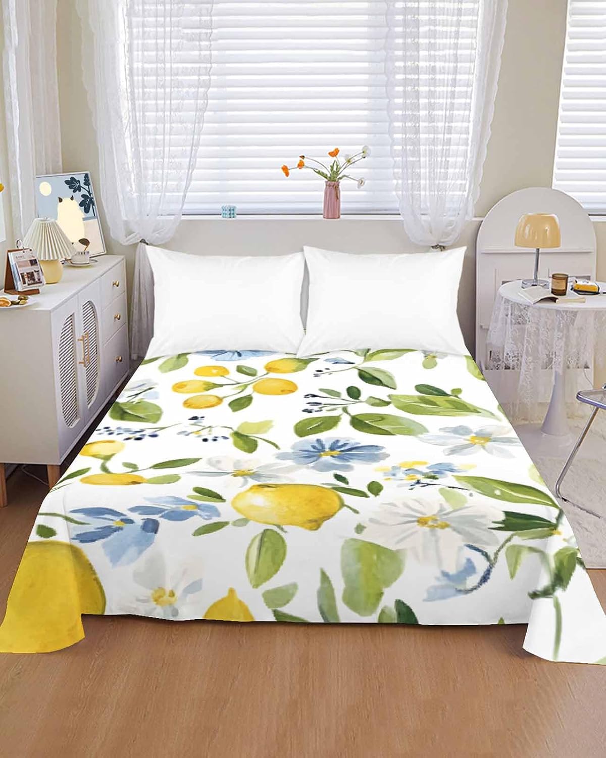 Flat Sheet, 1 Piece Top Sheet Twin Size Yellow Lemon Blue Flowers Soft Breathable Bed Sheet Watercolor Floral Leaf Brushed Microfiber Bed Sheet, Wrinkle Resistant, Fade Resistant Bedding