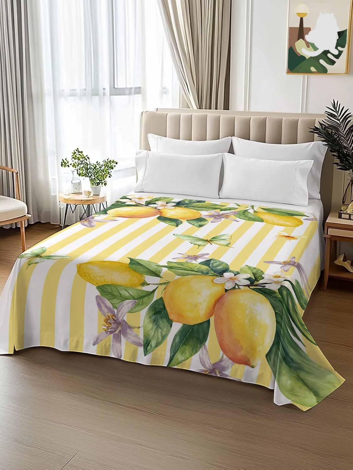 Flat Sheets Queen Size Bedding Sheet,Lemon Fruits Floral Leaves Soft Microfiber Breathable Top Sheets for Bedroom Hotel Luxury-1 Bed Flat Sheet Only,Yellow Stripes
