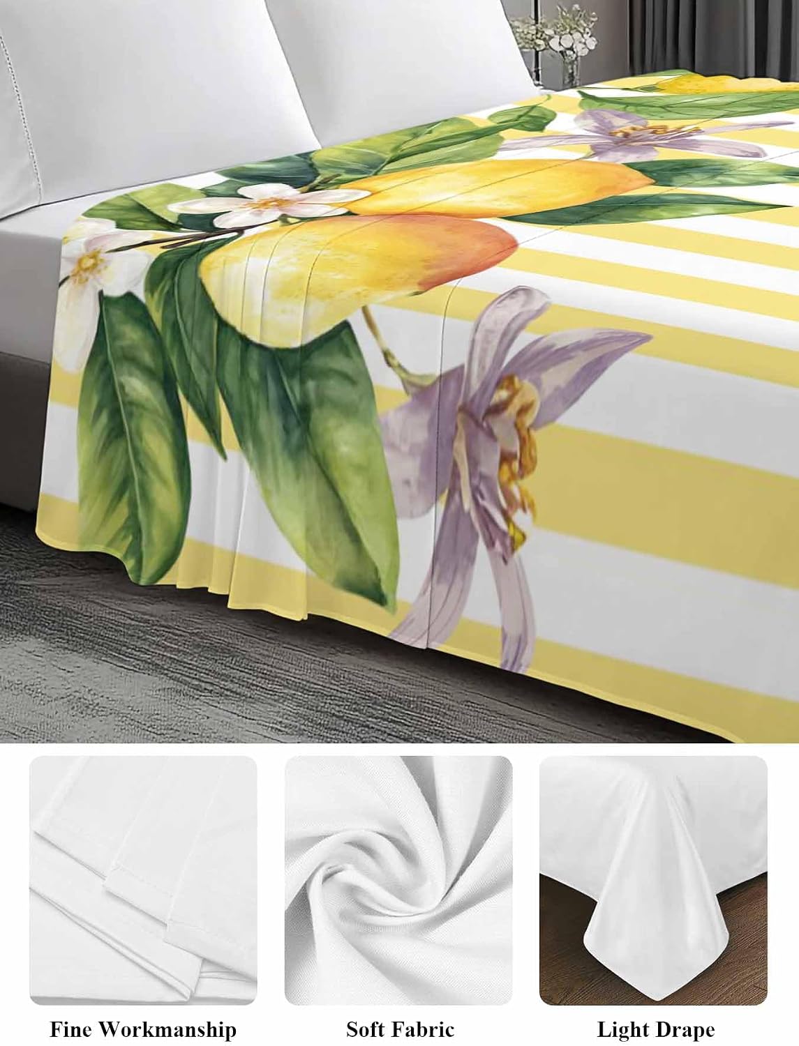 Flat Sheets Queen Size Bedding Sheet,Lemon Fruits Floral Leaves Soft Microfiber Breathable Top Sheets for Bedroom Hotel Luxury-1 Bed Flat Sheet Only,Yellow Stripes