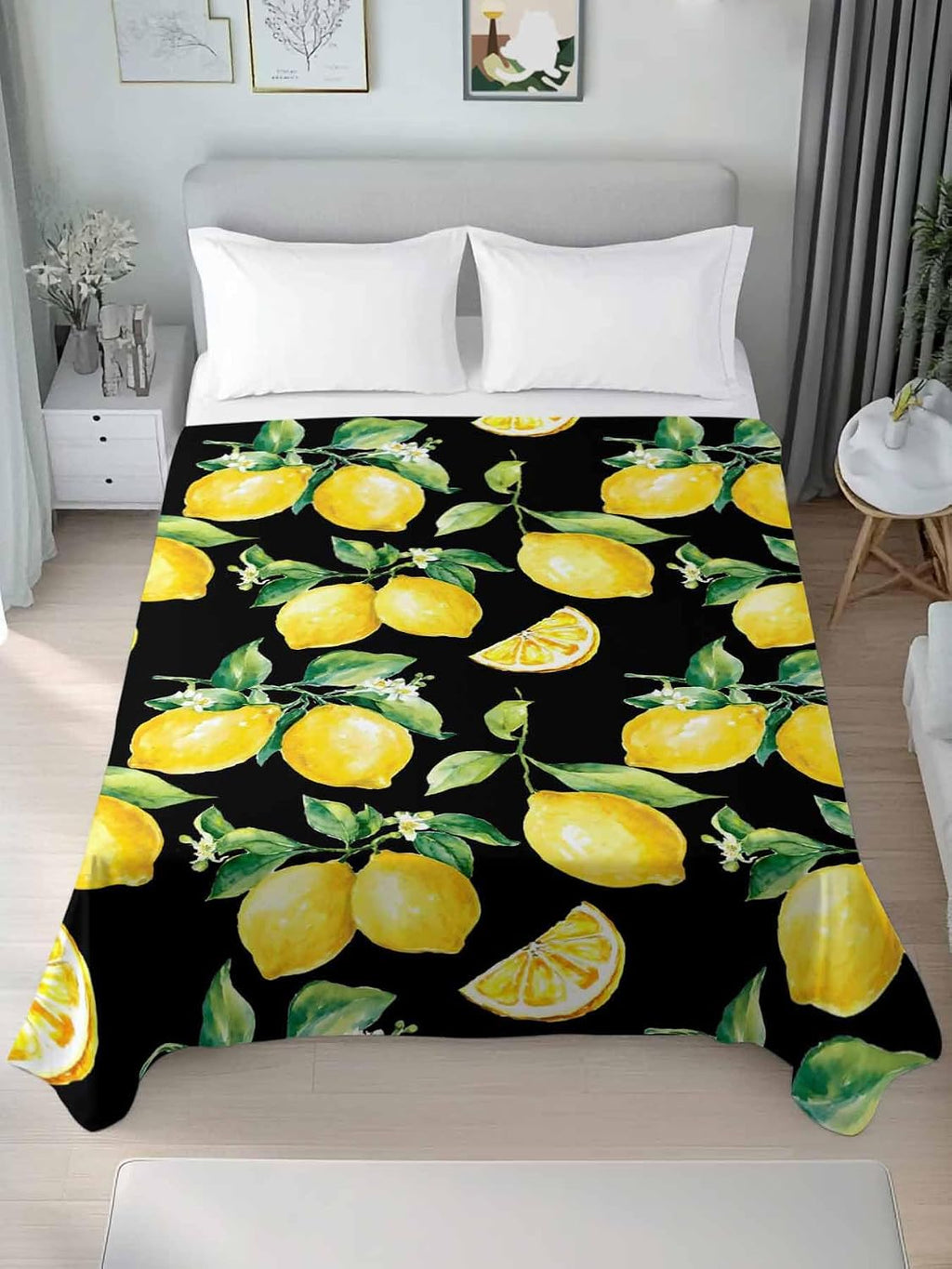 Twin Flat Sheet Only, Summer Lemon Fruit Floral Top Sheet Breathable Soft Brushed Polyester Microfiber Bed Sheets, Yellow on Black Hotel Luxury Bedding Sheets for Women,Men,Teens
