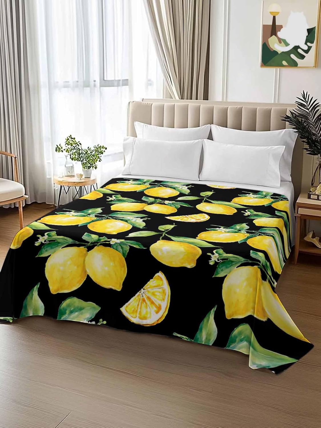 Twin Flat Sheet Only, Summer Lemon Fruit Floral Top Sheet Breathable Soft Brushed Polyester Microfiber Bed Sheets, Yellow on Black Hotel Luxury Bedding Sheets for Women,Men,Teens