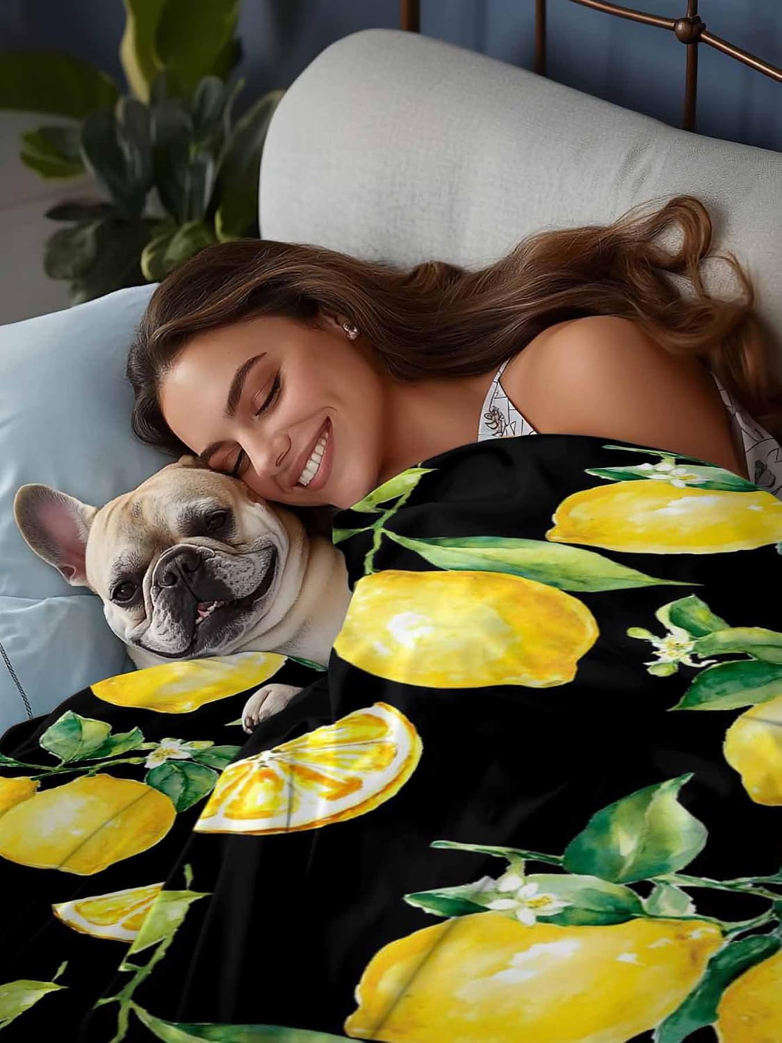 Twin Flat Sheet Only, Summer Lemon Fruit Floral Top Sheet Breathable Soft Brushed Polyester Microfiber Bed Sheets, Yellow on Black Hotel Luxury Bedding Sheets for Women,Men,Teens