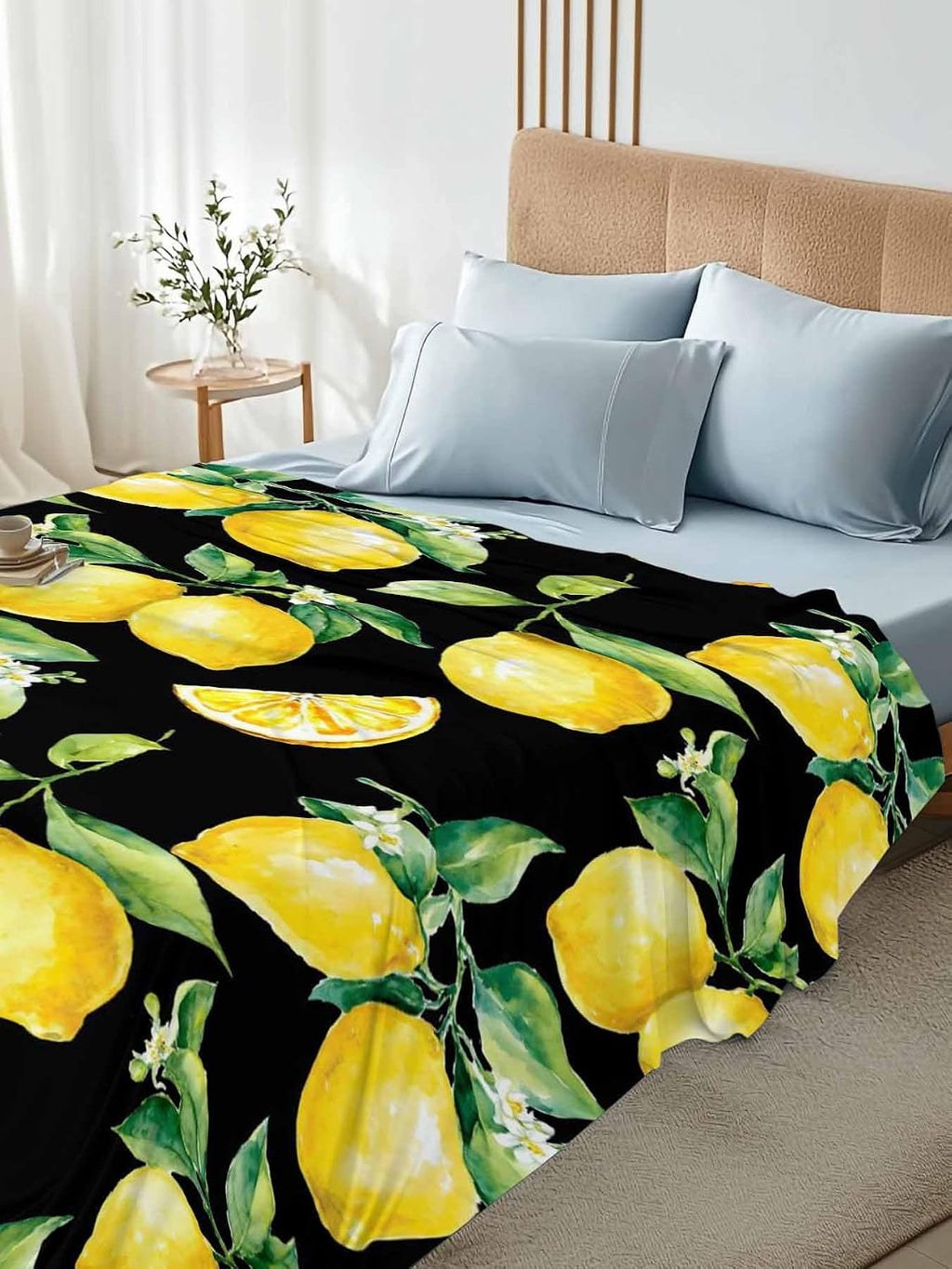 Twin Flat Sheet Only, Summer Lemon Fruit Floral Top Sheet Breathable Soft Brushed Polyester Microfiber Bed Sheets, Yellow on Black Hotel Luxury Bedding Sheets for Women,Men,Teens