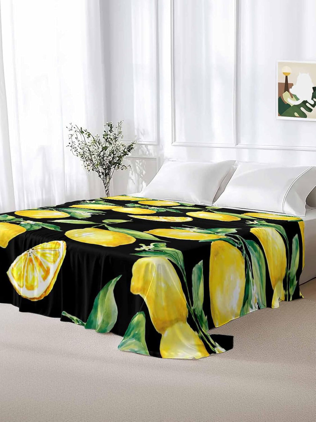 Twin Flat Sheet Only, Summer Lemon Fruit Floral Top Sheet Breathable Soft Brushed Polyester Microfiber Bed Sheets, Yellow on Black Hotel Luxury Bedding Sheets for Women,Men,Teens