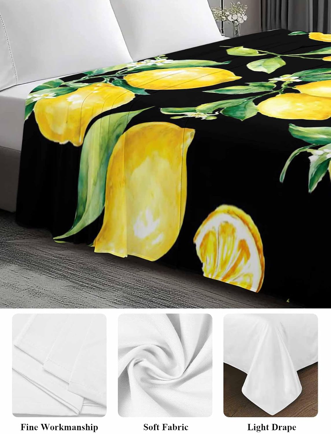 Twin Flat Sheet Only, Summer Lemon Fruit Floral Top Sheet Breathable Soft Brushed Polyester Microfiber Bed Sheets, Yellow on Black Hotel Luxury Bedding Sheets for Women,Men,Teens
