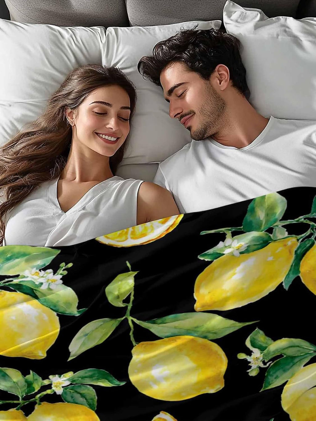 Twin Flat Sheet Only, Summer Lemon Fruit Floral Top Sheet Breathable Soft Brushed Polyester Microfiber Bed Sheets, Yellow on Black Hotel Luxury Bedding Sheets for Women,Men,Teens