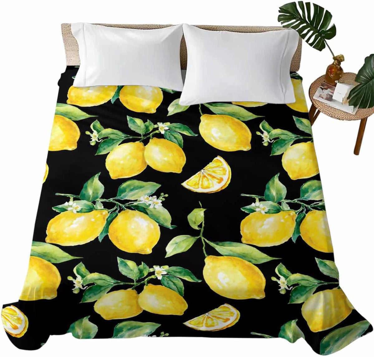 Twin Flat Sheet Only, Summer Lemon Fruit Floral Top Sheet Breathable Soft Brushed Polyester Microfiber Bed Sheets, Yellow on Black Hotel Luxury Bedding Sheets for Women,Men,Teens