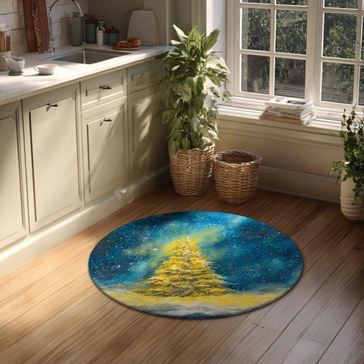 Christmas Tree Area Rug, Winter Festive Stars Snow Xmas Yellow Non-Slip Doormat Round Throw Rug Stain Resistant Entryway Bathroom Laundry Room Decor 3' X 3'