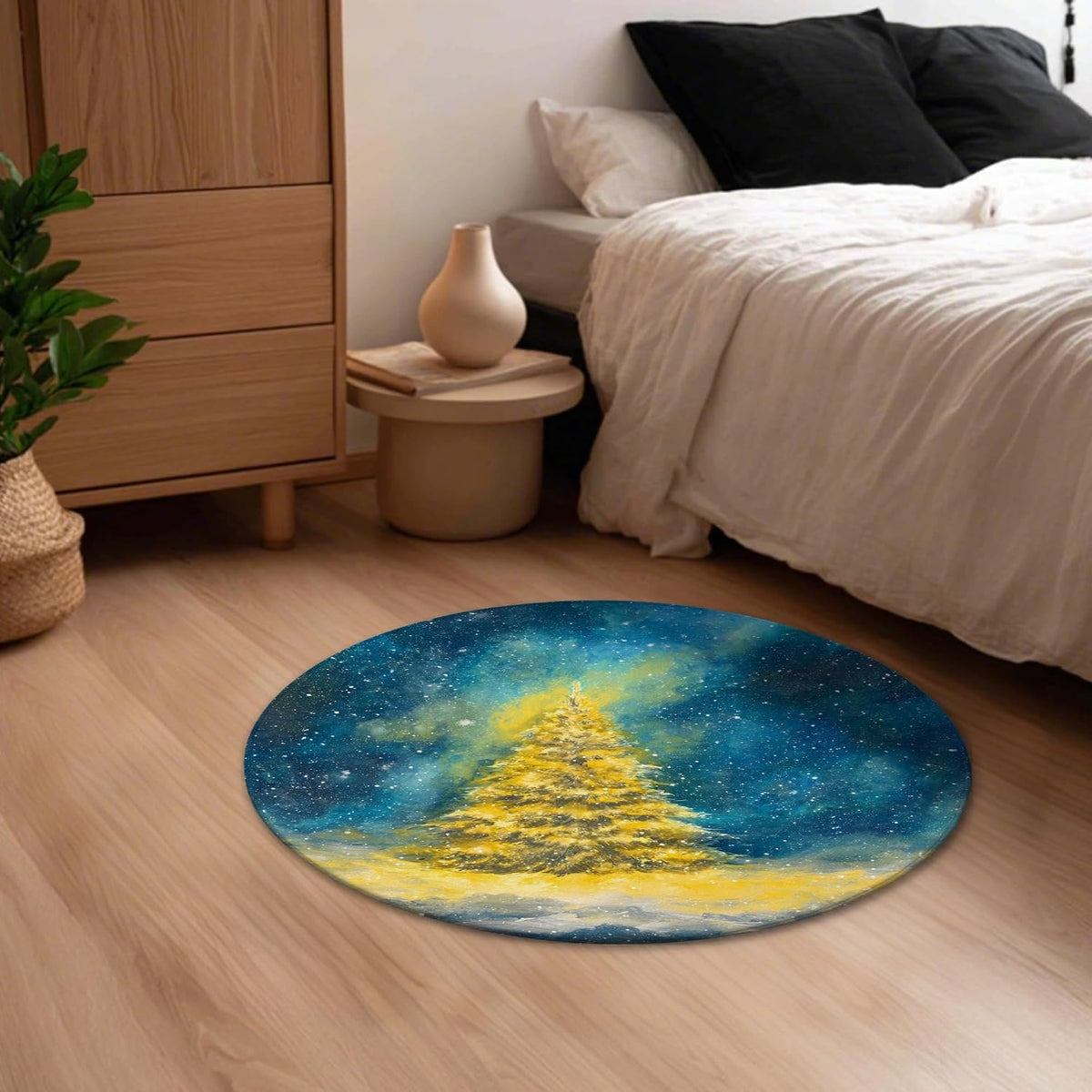 Christmas Tree Area Rug, Winter Festive Stars Snow Xmas Yellow Non-Slip Doormat Round Throw Rug Stain Resistant Entryway Bathroom Laundry Room Decor 3' X 3'