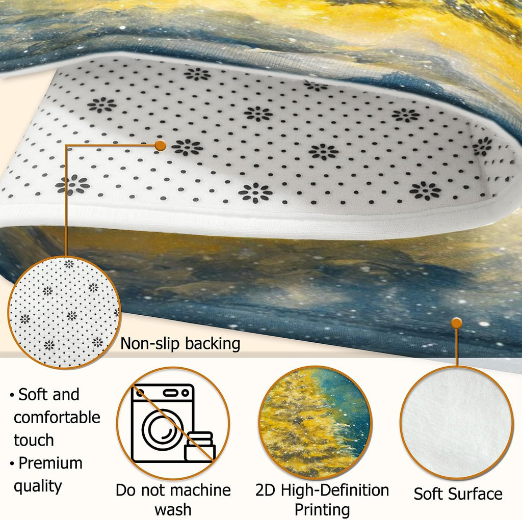 Christmas Tree Area Rug, Winter Festive Stars Snow Xmas Yellow Non-Slip Doormat Round Throw Rug Stain Resistant Entryway Bathroom Laundry Room Decor 3' X 3'