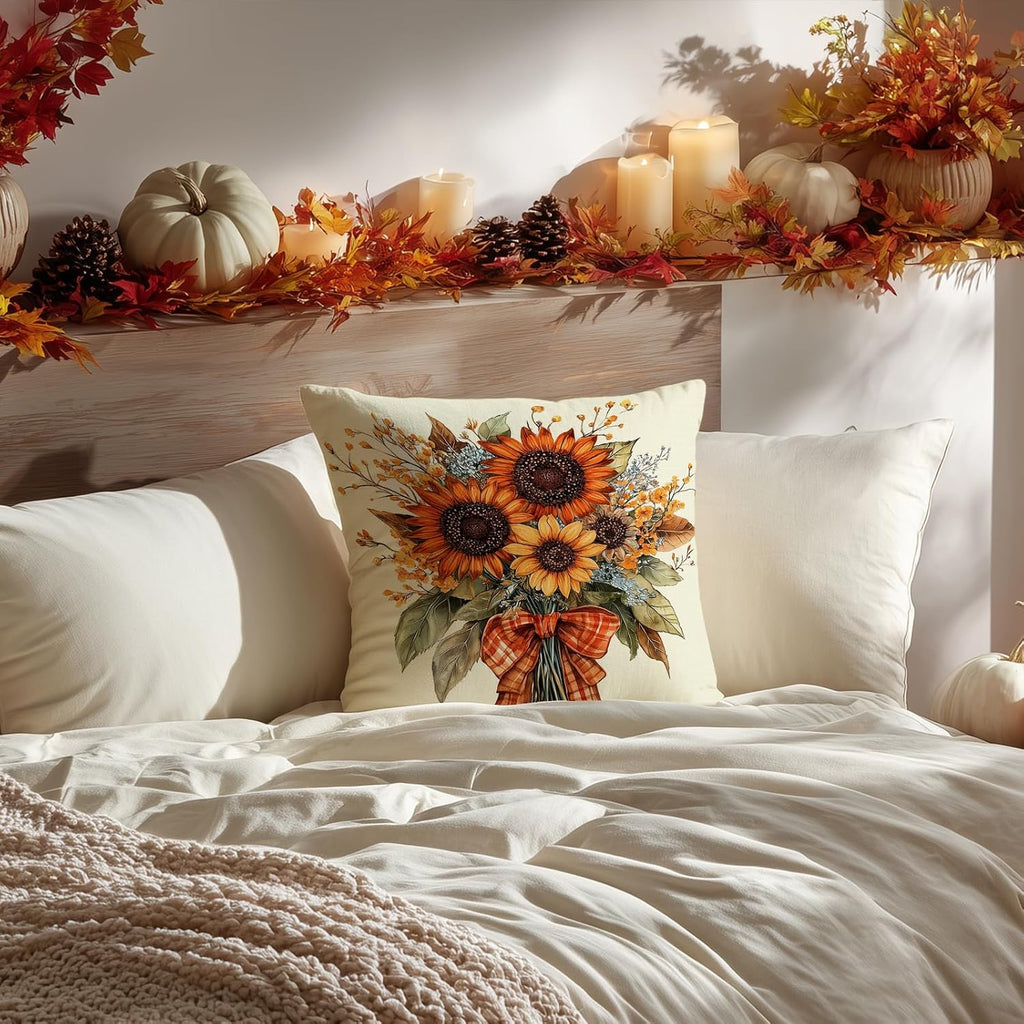 Fall Pillow Cover 18x18 Inch Sunflower Decor Floral Farmhouse Seasonal Pillow Case Decorations for Home Sofa Couch