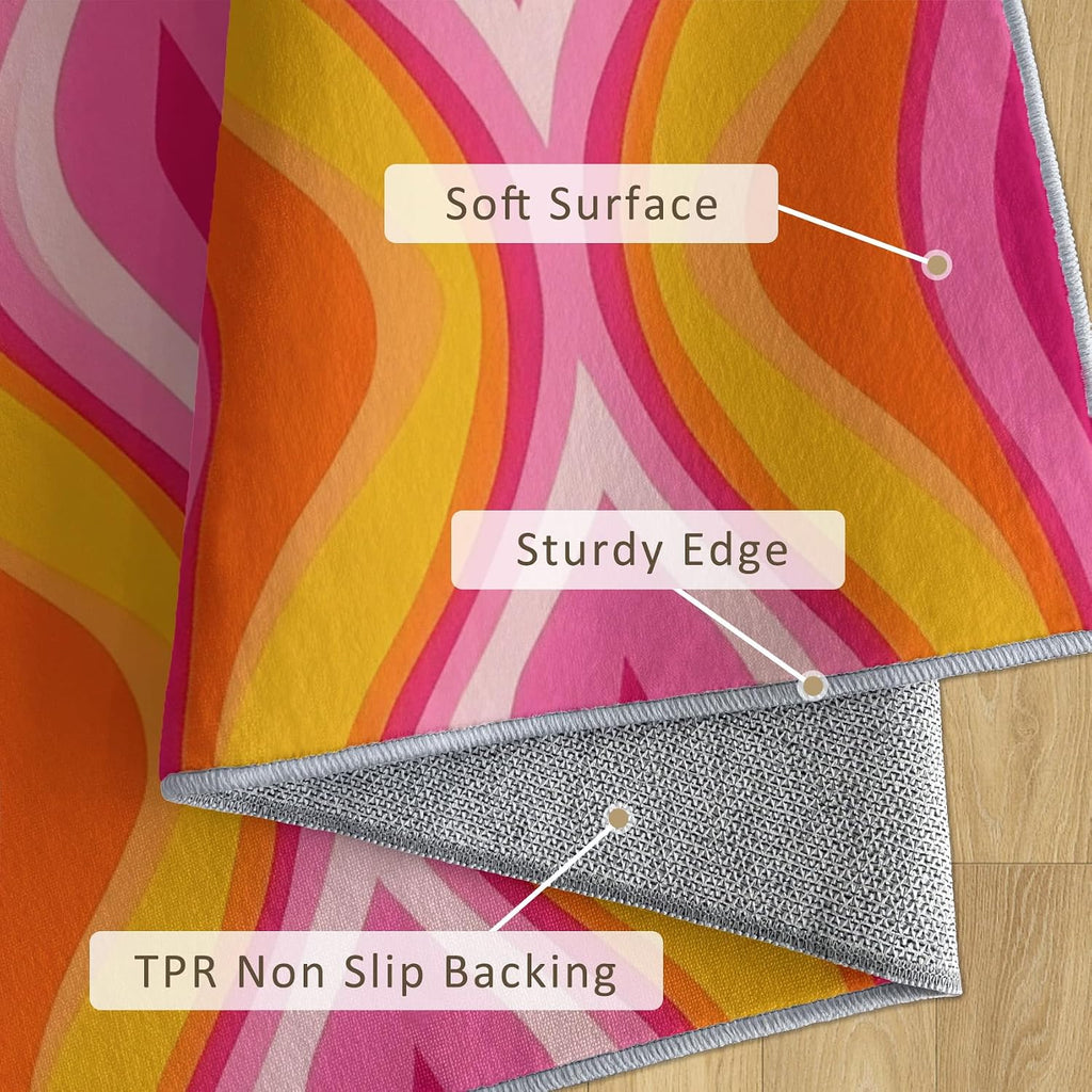 Wavy Stripe Rug 3x5, Washable Swirl Abstract Funky Rugs for Living Room Bedroom, Hot Pink Yellow Orange Area Rug for Home Decor, Non Slip Backing Floor Carpet with Gripper - 3 x 5 ft