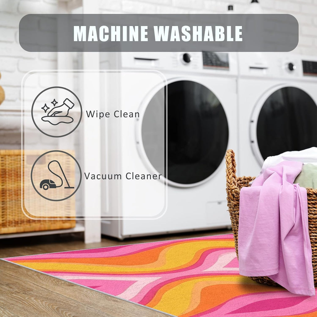 Wavy Stripe Rug 3x5, Washable Swirl Abstract Funky Rugs for Living Room Bedroom, Hot Pink Yellow Orange Area Rug for Home Decor, Non Slip Backing Floor Carpet with Gripper - 3 x 5 ft