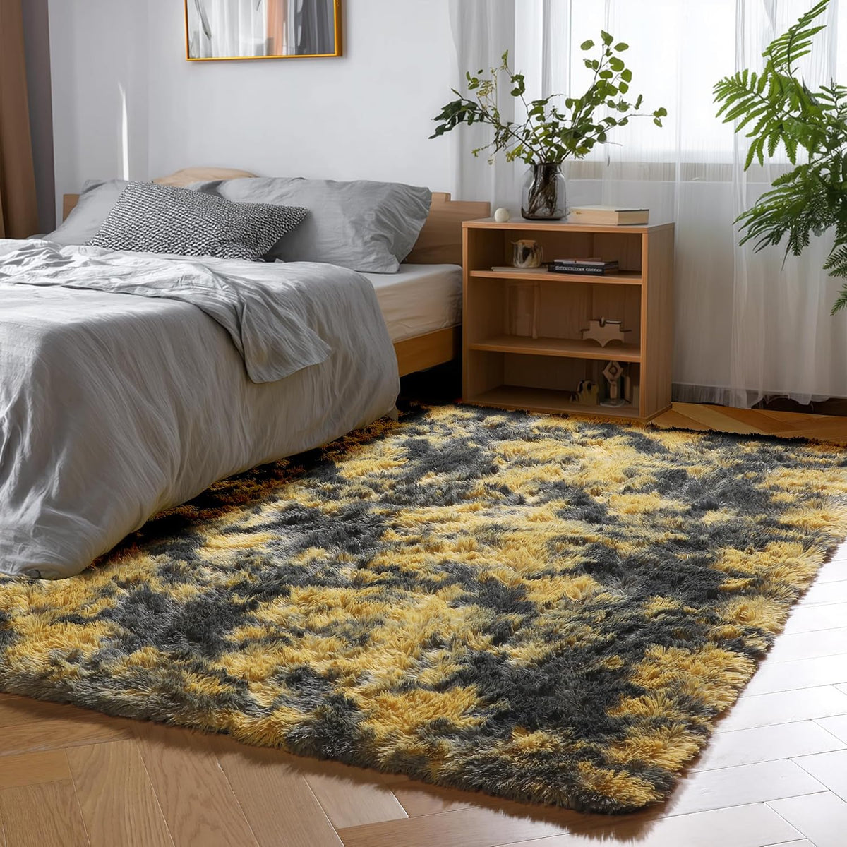 Black and Yellow Bedroom Rugs 4x6 Ft, Fluffy Modern Living Room Area Rug
