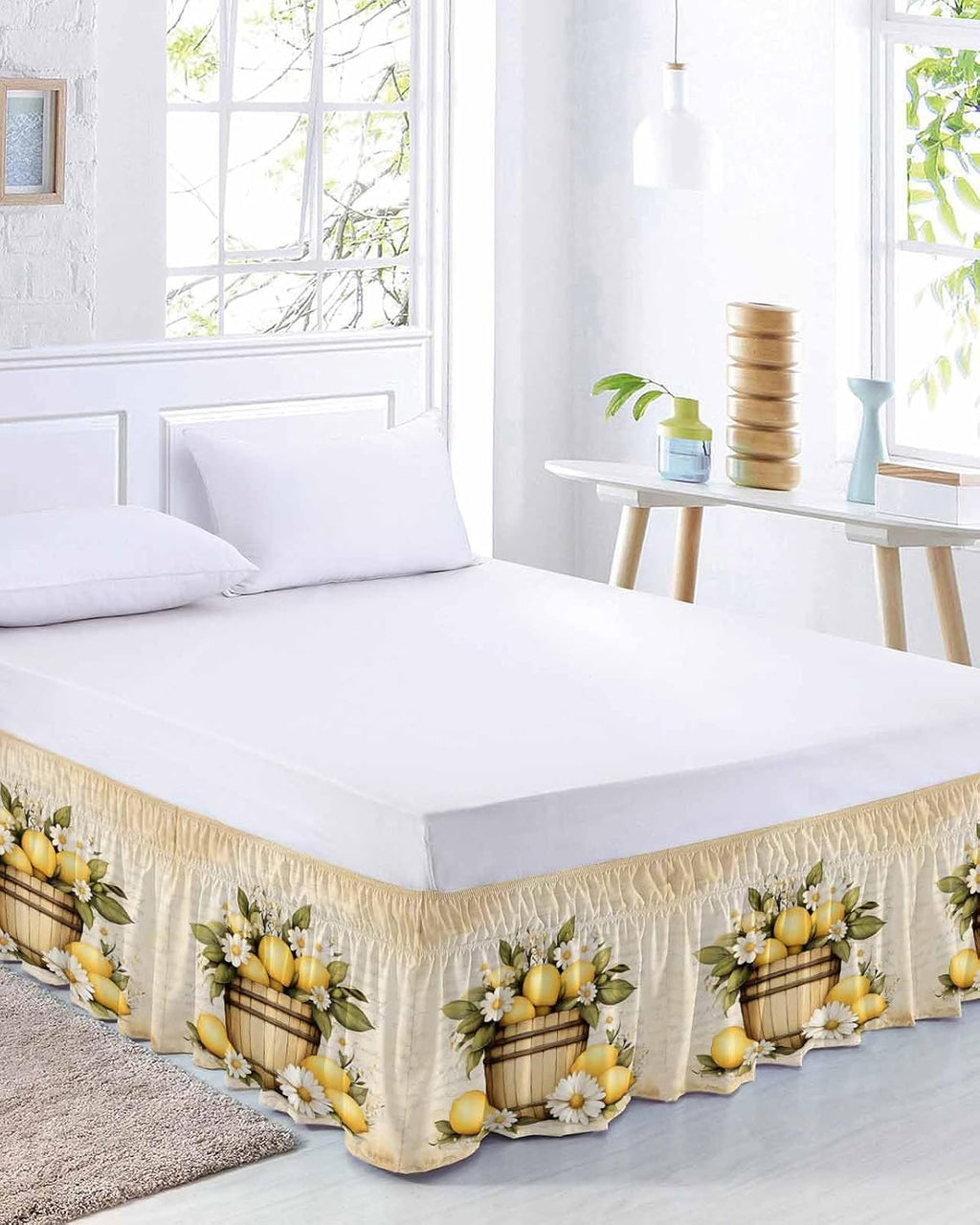 Vintage Lemon Bed Skirt Queen Size 16 Inch Drop, Adjustable Elastic Wrap Around Bed Skirts Easy Fitting Dust Ruffle Bedskirt Bed Frame Cover Yellow Fruit Blossoming Botanical Flower