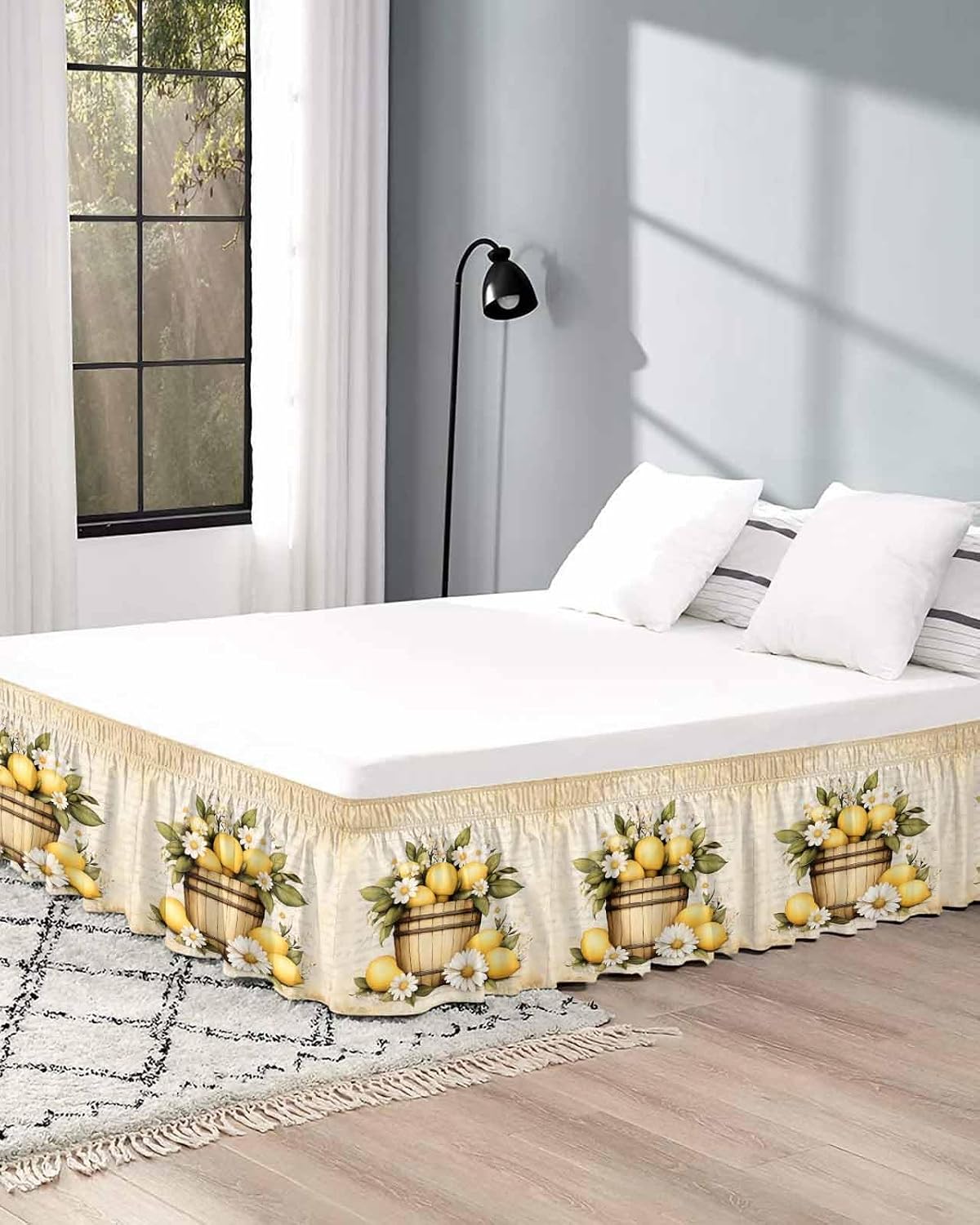 Vintage Lemon Bed Skirt Queen Size 16 Inch Drop, Adjustable Elastic Wrap Around Bed Skirts Easy Fitting Dust Ruffle Bedskirt Bed Frame Cover Yellow Fruit Blossoming Botanical Flower
