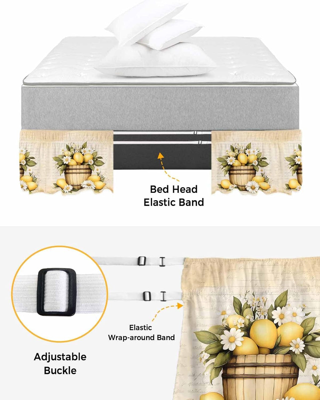 Vintage Lemon Bed Skirt Queen Size 16 Inch Drop, Adjustable Elastic Wrap Around Bed Skirts Easy Fitting Dust Ruffle Bedskirt Bed Frame Cover Yellow Fruit Blossoming Botanical Flower