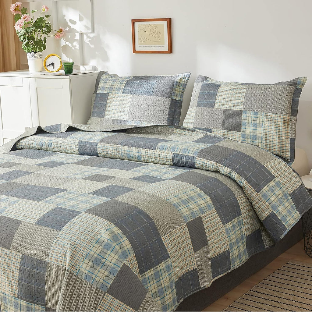 Grey Blue Yellow Bedding Plaid Quilt Full/Queen Size Summer Patchwork Quilts Lightweight Soft Breathable Check Bedspread Gingham Bedding Checker Pattern Coverlet Bed Cover Set Geometric Home Decor