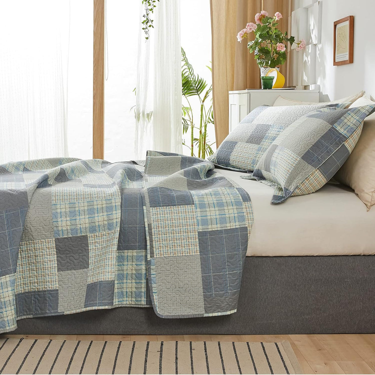 Grey Blue Yellow Bedding Plaid Quilt Full/Queen Size Summer Patchwork Quilts Lightweight Soft Breathable Check Bedspread Gingham Bedding Checker Pattern Coverlet Bed Cover Set Geometric Home Decor