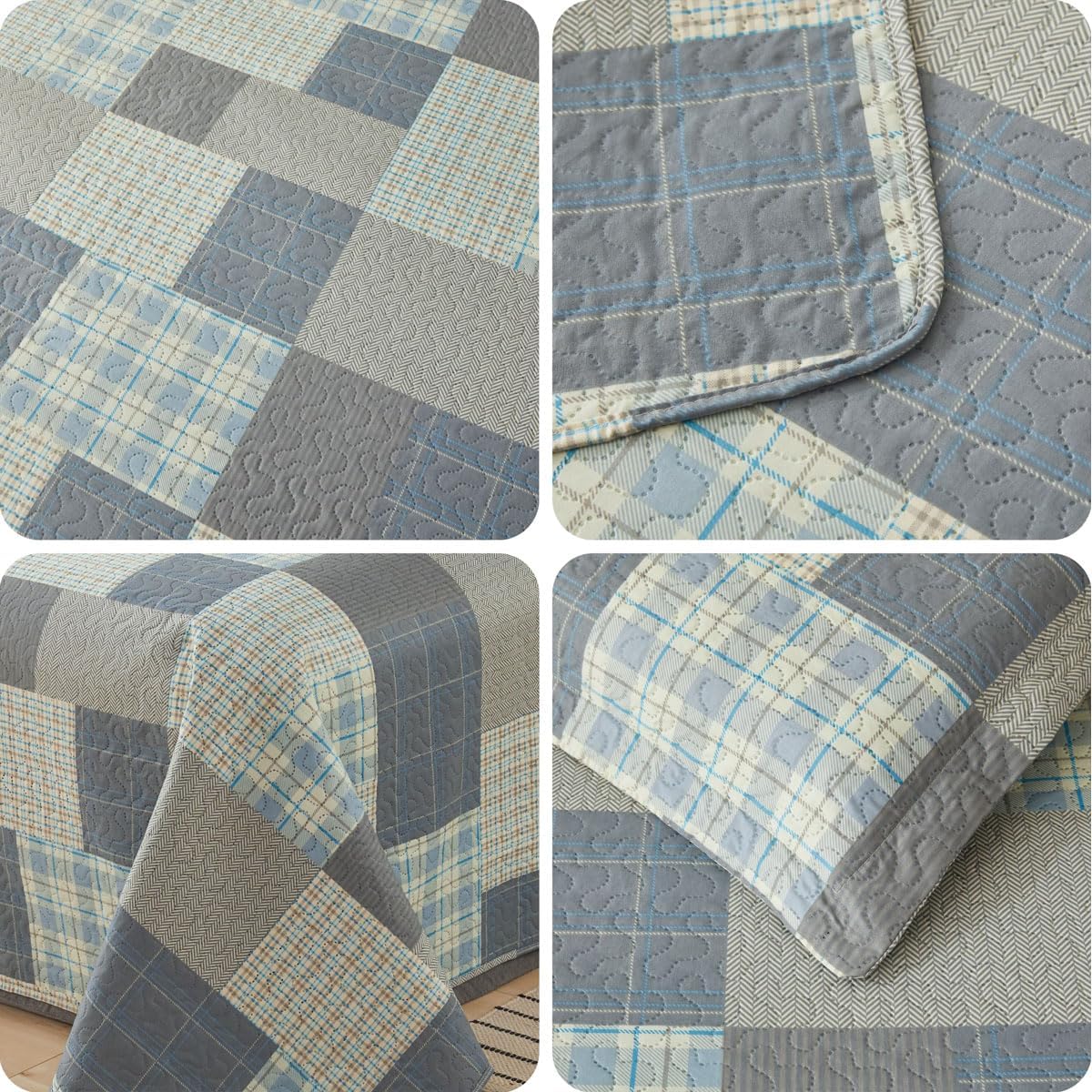 Grey Blue Yellow Bedding Plaid Quilt Full/Queen Size Summer Patchwork Quilts Lightweight Soft Breathable Check Bedspread Gingham Bedding Checker Pattern Coverlet Bed Cover Set Geometric Home Decor