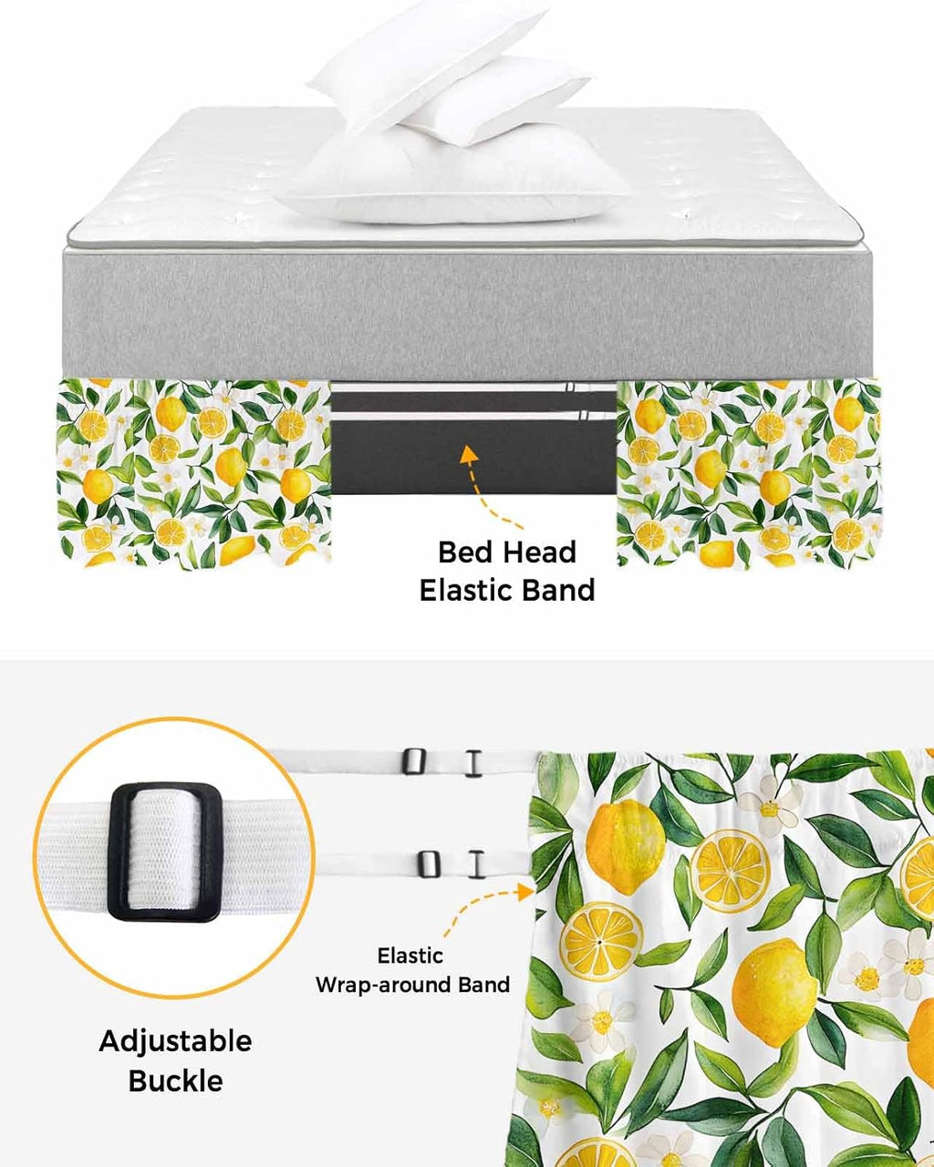Yellow Lemon Bed Skirt Queen Size 16 Inch Drop, Adjustable Elastic Wrap Around Bed Skirts Easy Fitting Dust Ruffle Bedskirt Bed Frame Cover Botanical White Floral Green Leaves