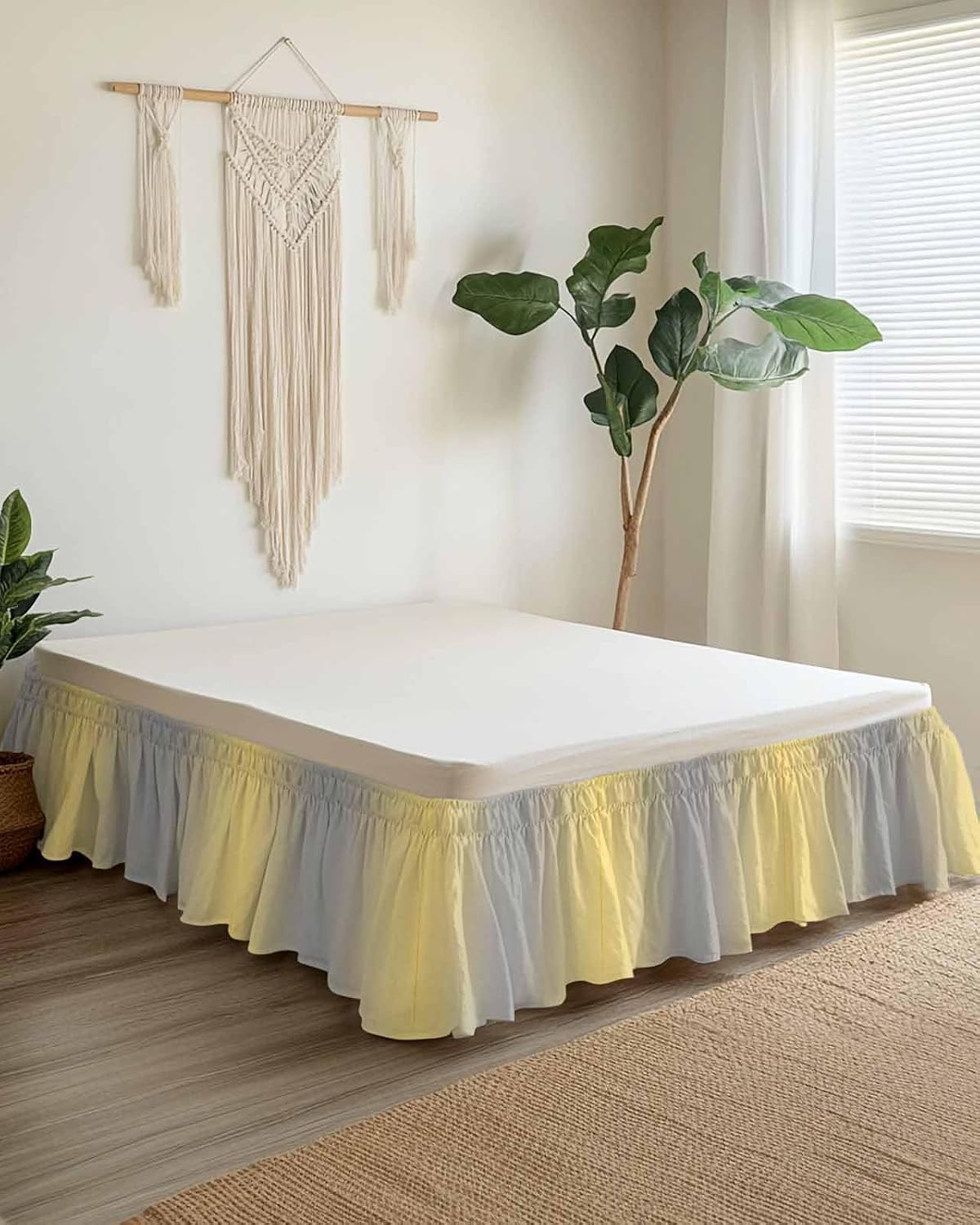 Ruffle Wrap Around Bed Skirts for Queen Beds 16" Drop Ombre Abstract Gradient Lemon Yellow and Gray Adjustable Elastic Ruffled Bed Skirt Pleated Luxury Dust Ruffles
