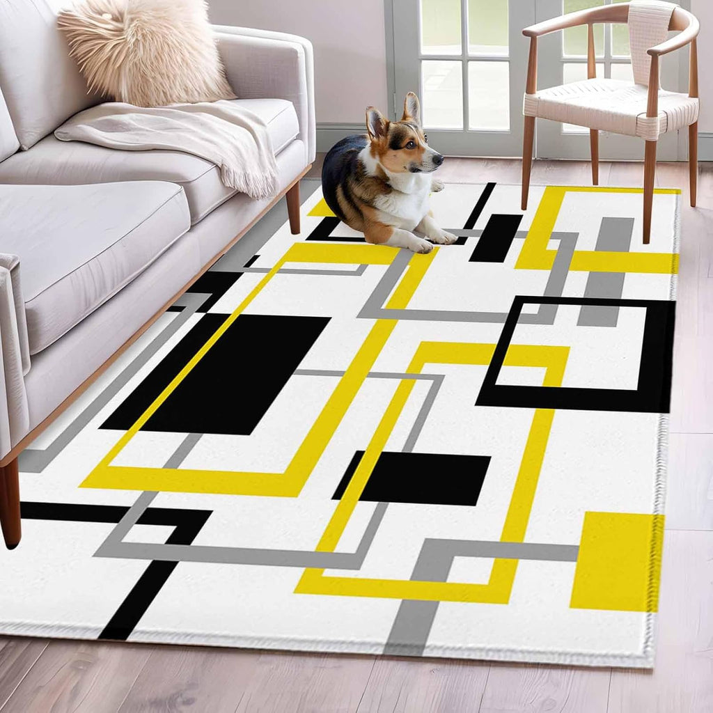 Area Rug Yellow Abstract Lines Non-Slip Indoor Area Rug Modern Art Washable Decorative Floor Carpet for Bedroom Living Room
