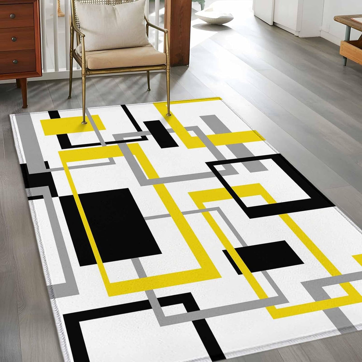 Area Rug Yellow Abstract Lines Non-Slip Indoor Area Rug Modern Art Washable Decorative Floor Carpet for Bedroom Living Room
