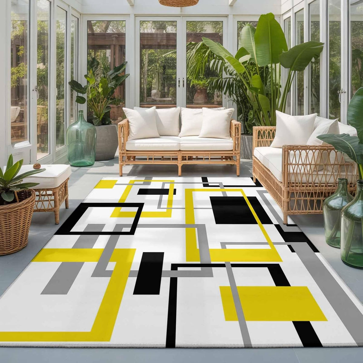 Area Rug Yellow Abstract Lines Non-Slip Indoor Area Rug Modern Art Washable Decorative Floor Carpet for Bedroom Living Room