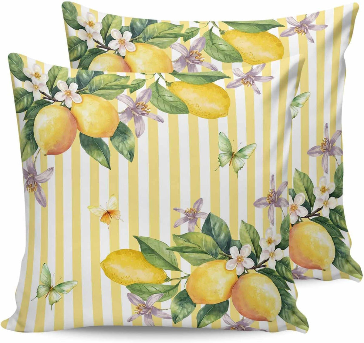 Lemon 2PCS Throw Pillow Covers for Couch Sofa Bed, Butterfly Flower Yellow Stripes Pillow Covers 18x18 inch, Standard Pillowcases Set Decorative Cushion Covers for Living Room Bedroom