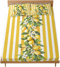 3 Pieces Twin Fitted Sheet Set, Watercolor Summer Farm Lemon Leaves Deep Pocket Up to 16", Yellow Stripe Soft Elastic Bed Sheets and Pillow Cases Secure Fit