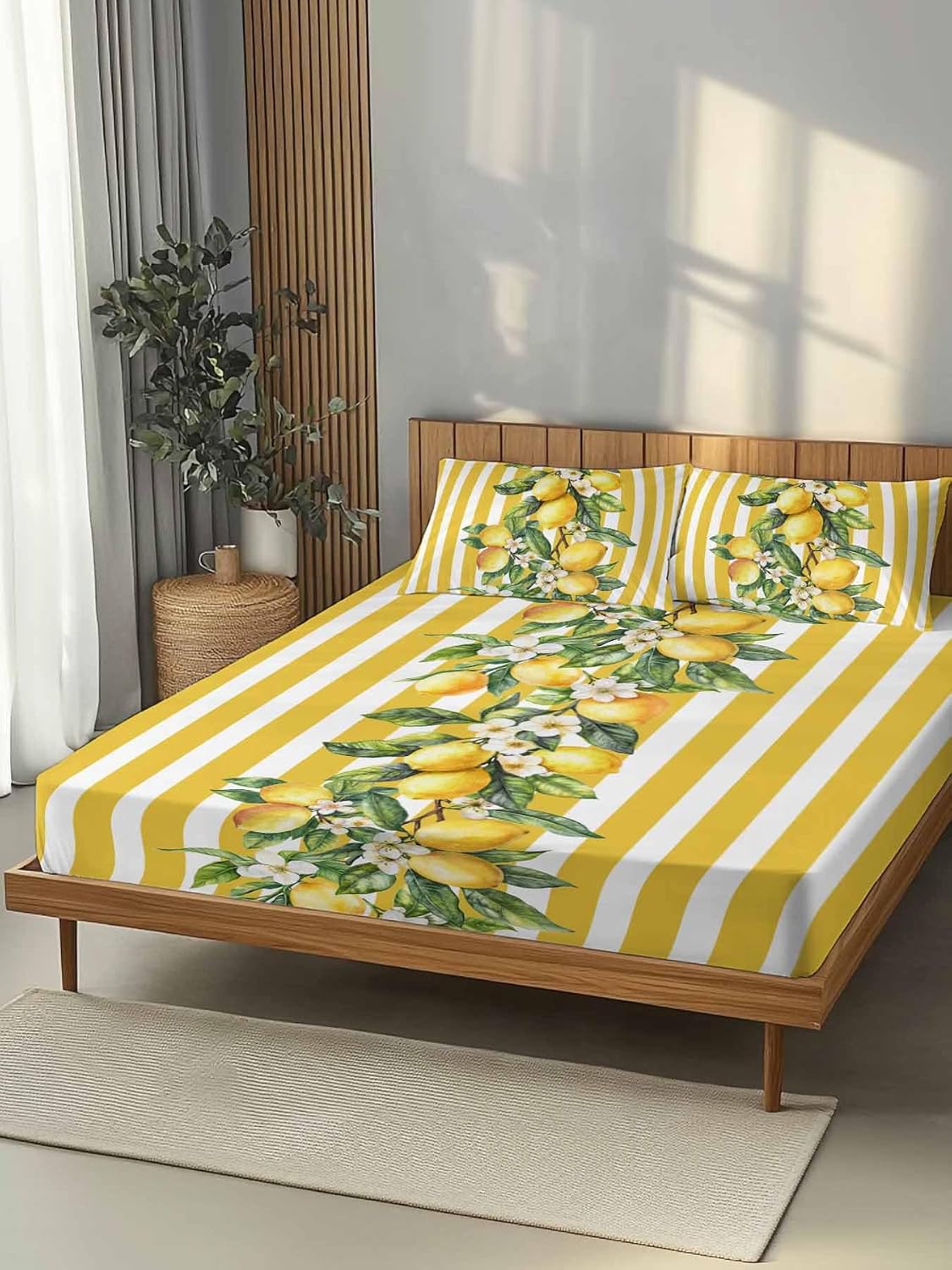 3 Pieces Twin Fitted Sheet Set, Watercolor Summer Farm Lemon Leaves Deep Pocket Up to 16", Yellow Stripe Soft Elastic Bed Sheets and Pillow Cases Secure Fit